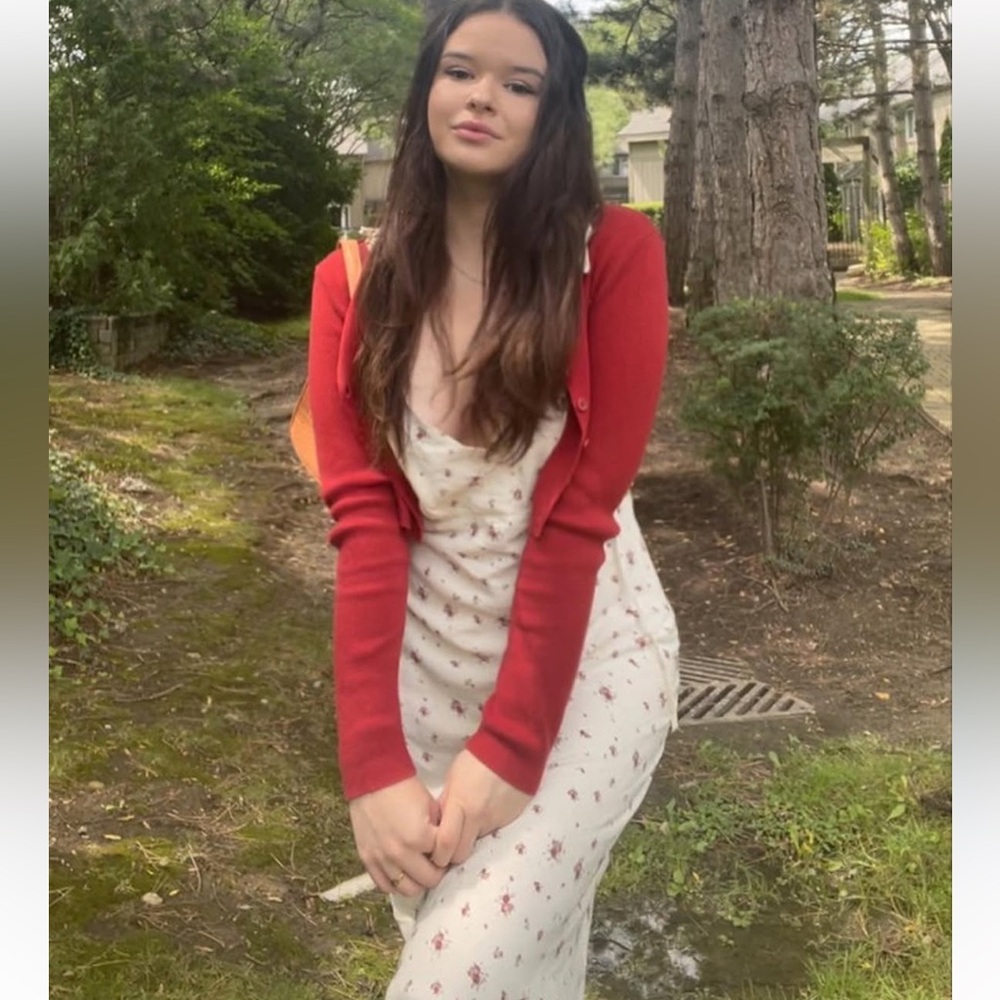 Red Sleeve White Floral Midi Dress with Red Cardigan